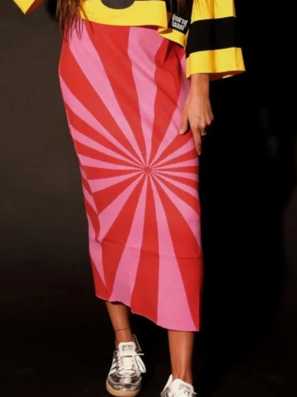 Burnt Toast Bold Spiral Knit Midi Skirt - Pink & Red Size L/XL
